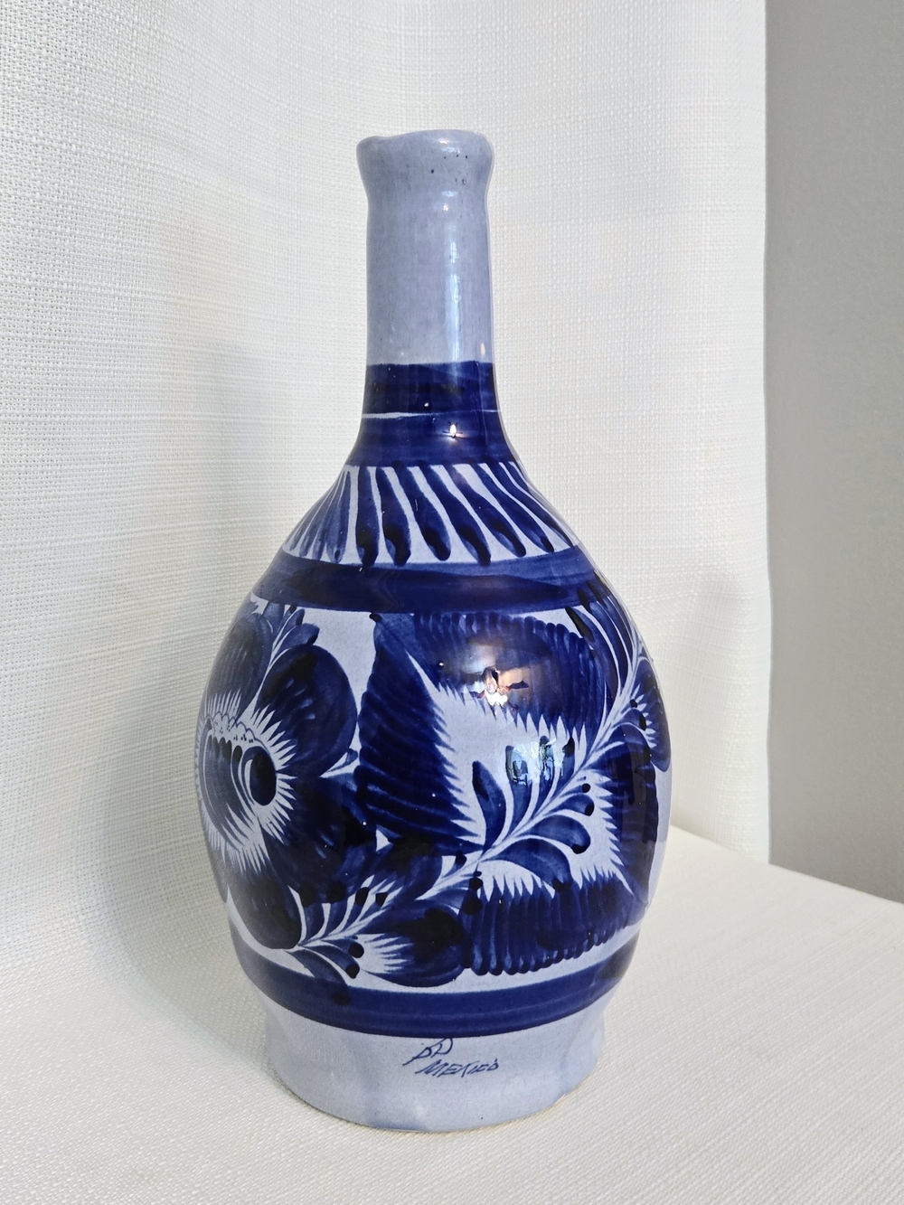 Vtg Tonala Pottery Water Pitcher Jug Vase Mexican Folk Art Blue Floral Bedside